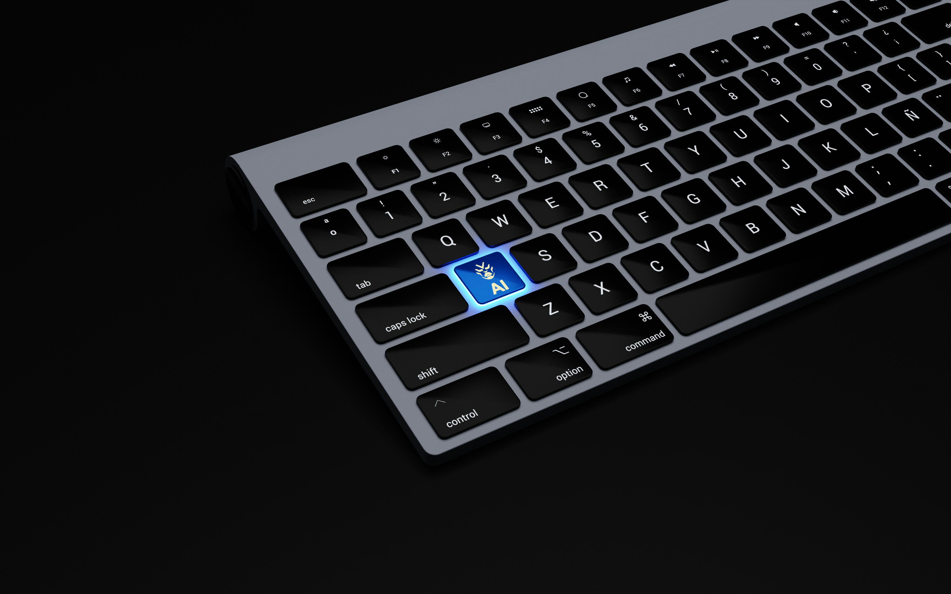 AI keyboard with glowing blue AI key — Domato AI